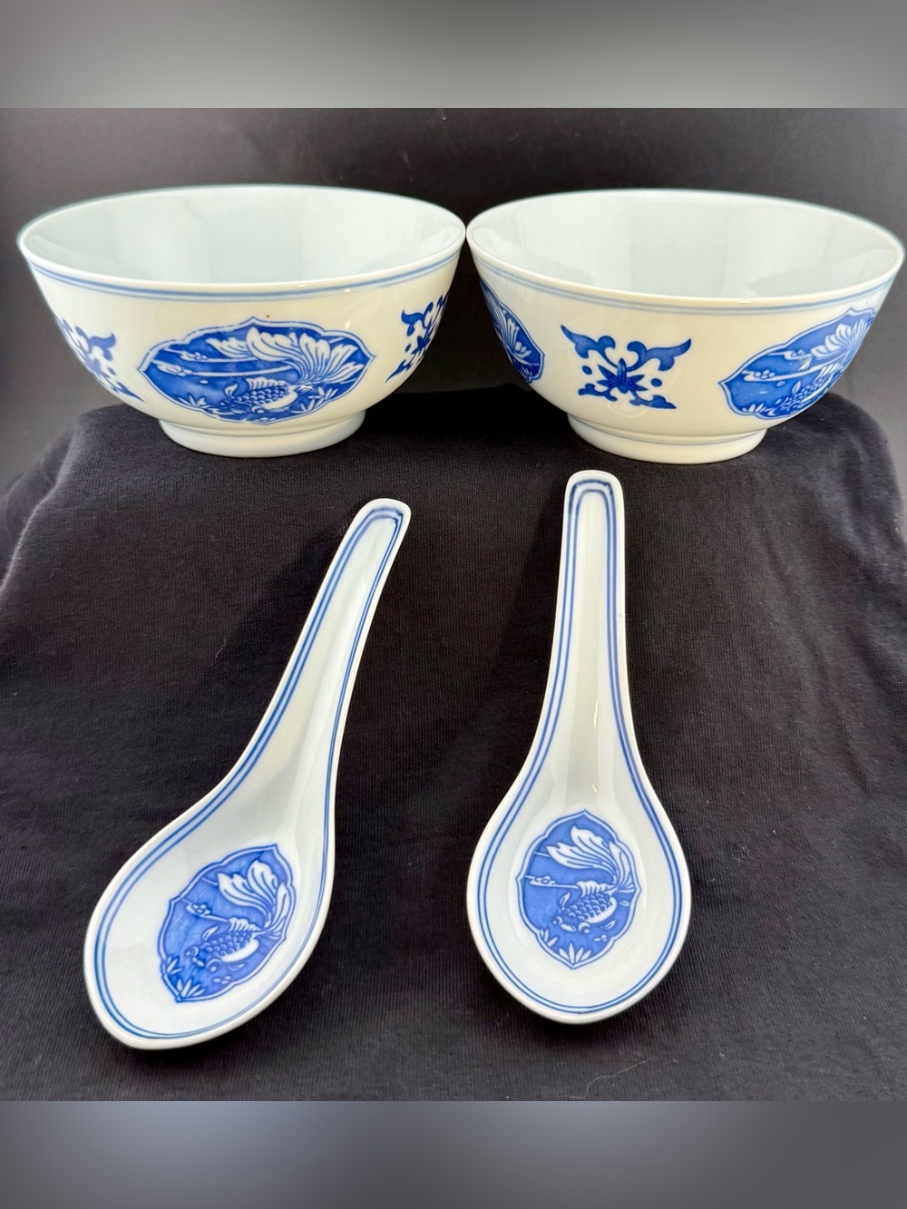 2 Chinese Koi Fish Porcelain Bowls  & spoons. Vintage